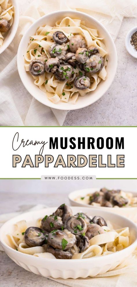 This Mushroom Pappardelle Pasta recipe will have you coming back for seconds! With a rich and indulgent browned mushroom cream sauce, it's a comforting and savory dish perfect for a cozy night in. Plus, it only takes 30 minutes to make, making it the ideal mid-week meal. Add in your favorite veggies or proteins to make it your own. Don't forget, this creamy mushroom pappardelle tastes even better as leftovers, so it's perfect for meal prep. Get the full recipe + watch video tutorial on my blog! Mushroom Pappardelle, Pappardelle Pasta Recipe, Mushroom Cream Sauce, Goat Cheese Pasta, Pasta Varieties, 30 Min Meals, Pappardelle Pasta, Mushroom Cream Sauces, Creamy Mushroom Sauce