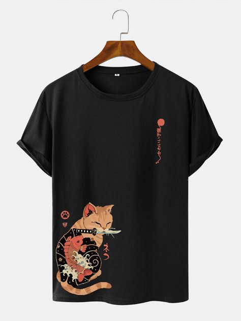 T Shirt Cat Design, Japanese T Shirt Design, Cool Shirt Designs, Trendy Shirt Designs, Japanese Cat, Cat Cartoon, Shirt Design Inspiration, Shirt Print Design, Fish Print