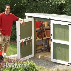 Assemble this easy-to-build storage locker for your outdoor tools. It's low and compact, yet spacious enough hold your lawnmower, long-handled tools and all your gardening materials. Outdoor Storage Locker, Small Outdoor Storage, Lawn Mower Storage, Garden Storage Shed, Storage Shed Plans, Diy Shed Plans, Outdoor Storage Cabinet, Shed Plan, Storage Sheds