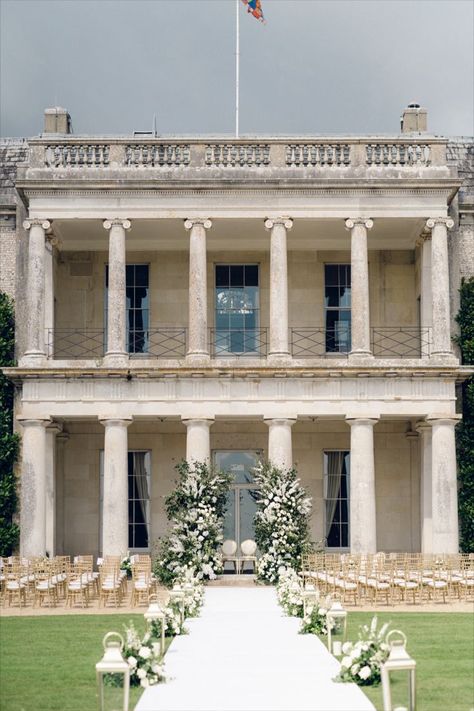 Outdoor wedding ceremony, white aisle carpet with floral aisle runners and huge green and white floral arch Wedding Ceremony Inspiration, British Wedding, Wedding Venues Uk, Hotel Wedding Venues, Green Wedding Colors, Luxury Wedding Venues, Ceremony Inspiration, Luxury Destination Wedding, Destination Wedding Venues