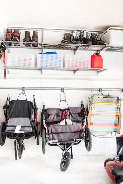 A Garage Makeover For Jenna Kate at Home | Container Stories Stroller Storage Garage, Stroller Storage Ideas, Stroller Workout, Double Baby Strollers, Doona Car Seat Stroller, Cybex Stroller, Bob Stroller, Best Travel Stroller