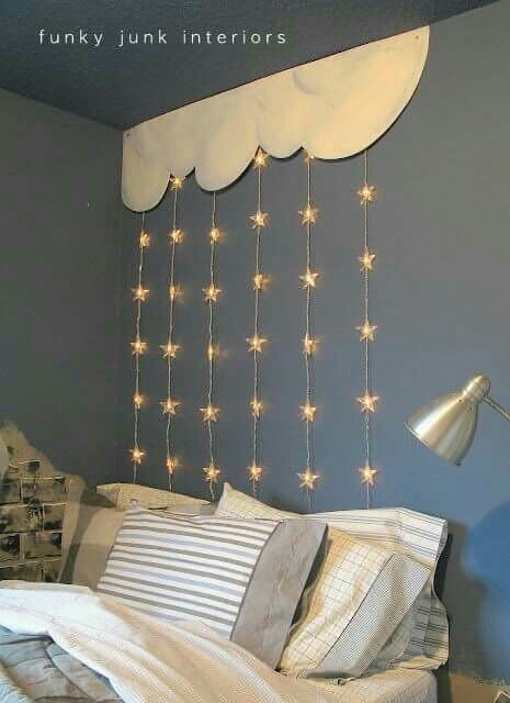 Bedroom Lights Above Bed, Diy String Lights, Funky Junk Interiors, Diy Headboards, Diy Headboard, Funky Junk, Outdoor Christmas Lights, Bedroom Headboard, Decor Minimalist