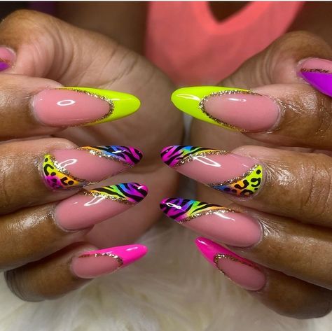 Black Green Nails, Yellow Orange Nails, Purple Yellow Orange, Spring Nail Colors, Nail Candy, Gel Nail Design, Summer Acrylic Nails, Rainbow Nails, Neon Nails