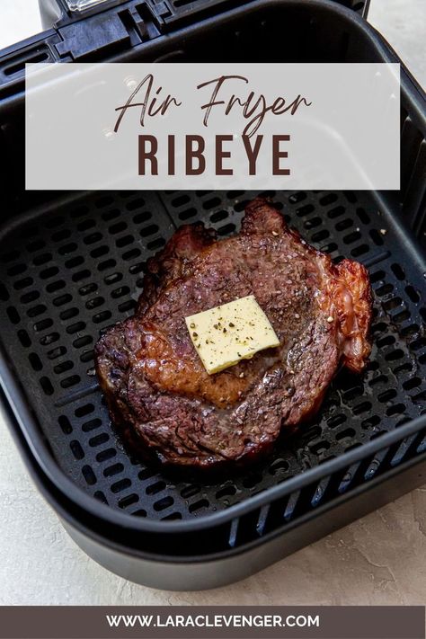 A cooked ribeye in an air fryer basket with butter and salt and pepper on top. Air Fryer Ribeye Steak Medium, Air Fryer Ribeye Steak, Air Fryer Ribeye, Cooking Ribeye Steak, New Air Fryer Recipes, Air Fryer Recipes Snacks, Ribeye Steak Recipes, Air Fryer Steak, Air Fryer Cooking Times