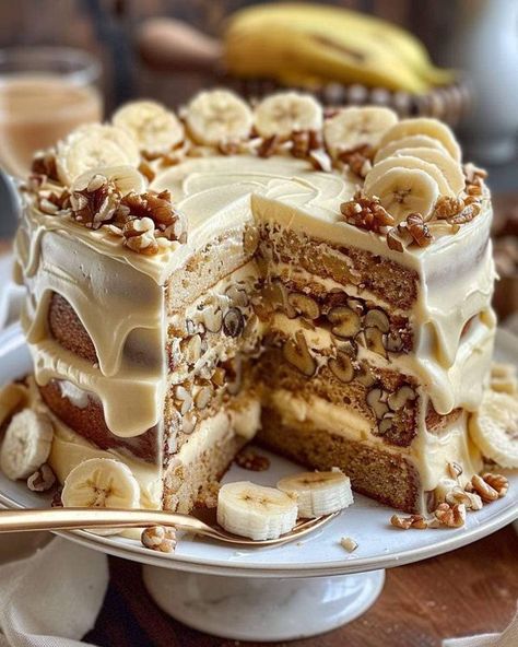 Mama's YUMMY Recipe | Heavenly Banana Walnut Cream Cake 🍌✨   | Facebook Ice-cream Cake, Walnut Cream, Banana Walnut, Banana Cake, Old Recipes, White Chocolate Chips, Ripe Banana, Cream Cake, Unsalted Butter