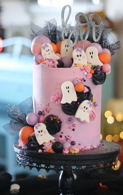 Halloween cake, Ghost cake, Halloween-Themed cake, Halloween birthday cake, Halloween cake pink, Cute Halloween cake, Halloween cake ideas Pink Halloween Birthday Cake, Pink Ghost Cake, Halloween Smash Cake, Halloween Cake Ideas, Cute Halloween Cakes, Spooky Cake, Halloween First Birthday, Halloween Birthday Cakes, Ghost Cake