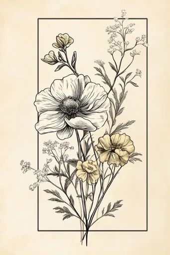 ↑↑↑ Larger size on website 🔸 The image is a black and white line drawing of a bouquet of wildflowers, with a vintage-inspired loo Art Topics, Bouquet Of Wildflowers, Wildflower Drawing, Highland Cow Art, Floral Line Art, Bouquet Tattoo, Pale Beige, Wildflower Bouquet, Cow Art