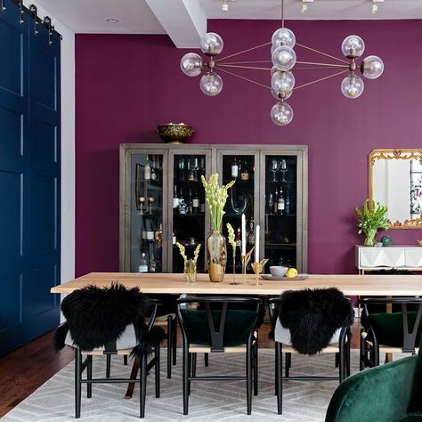 This Apartment Makeover Is the Ultimate Jewel-Tone Paint Inspiration | Brit + Co West Elm Tables, Restoration Hardware Chandelier, Color Trends 2017, Jewel Tone Color Palette, Design Color Trends, Color Terracota, Apartment Makeover, Jewel Tone Colors, Purple Decor