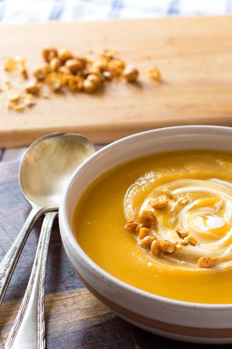 Healthy butternut squash soup with apple cider & crème fraîche. Squash Soup With Apple, Roasted Cabbage Steaks, Healthy Butternut Squash, Butternut Soup, Cabbage Steaks, Apple Cider Recipe, Roasted Cabbage, Cider Recipe, How To Roast Hazelnuts