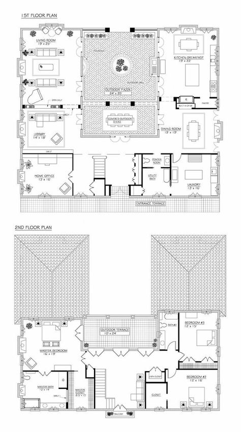 U Shaped House Plans, U Shaped Houses, 3d Floor Plans, Pool House Plans, Mansion Floor Plan, Courtyard House Plans, Villa Plan, Home Design Floor Plans, Sims House Plans