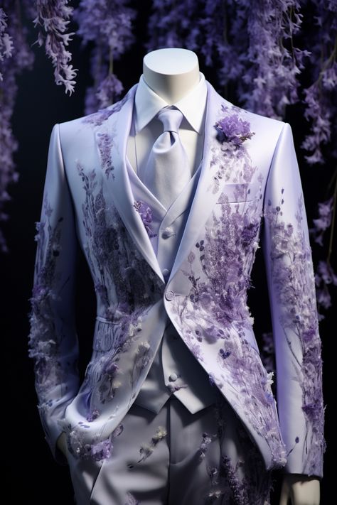 Men Fancy Suit, Flower Suits Men, Mens Outfits Fancy, Mens Lavender Suit, Suits Fantasy Male, Extravagant Suits Men, Purple Suit Aesthetic, Fairytale Outfits Men, Lavender Wedding Suit