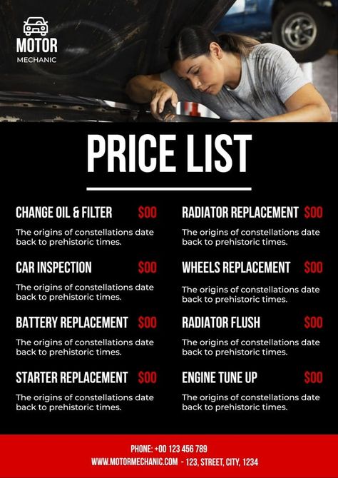 Professional Motor Mechanic Price List Motor Mechanics, Basement Remodel Diy, Price List Template, List Template, Price List, Business Branding, Free Graphic Design, Personal Trainer, Engineering