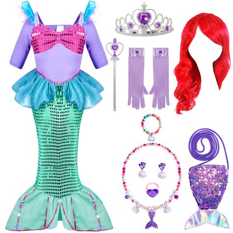 PRICES MAY VARY. Polyester 10 Pieces Total Little Mermaid Costume, includes 1 Sequin and Lurex Mermaid Dress, 1 Headband, 1 Long Synthetic Red Hair Wig, 1 necklace, 1 bag, 1 bracelet, 1 ring, 1 pair of earrings, 1 pair of gloves and 1 wand. Deluxe Mermaid Costume Set for Girls. Super Durable. Higher Quality. 100% Polyester. Perfect for Halloween Dress Up Parties, Little Mermaid Costume, Mermaid Dress, Mermaid Girl Costume, Undersea Adventure Themed Parties, Halloween Costume Dress Up, Little Mer Mermaid Costume Kids, Purple Princess Dress, Girls Mermaid Costume, Toddler Dress Up, Princess Fancy Dress, Female Skirt, Sequin Mermaid Dress, Toddler Princess Dress, Ariel Costumes