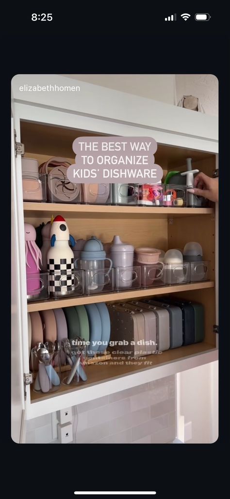 Baby Plates And Bowls Organization, Kitchen Organization For Baby Stuff, Baby Station In Kitchen, Kids Plates And Cups Organization, Baby Cabinet Organization, Sippy Cup Organization, Dish Cabinet, Baby Cabinet, Plate Organizer