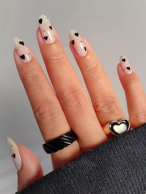 Tiny black hearts and rhinestones on milky nails Black And White Nail Designs, Black And White Nails, Black White Nails, Milky Nails, Nails Now, White Nail Polish, Black Nail Designs, White Nail Designs, Nail Studio