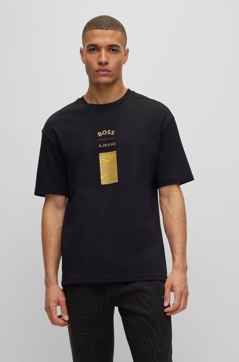 BOSS - Interlock-cotton relaxed-fit T-shirt with collaborative branding Brands Collaboration, Boss Tshirt, Mens Wool Coats, Anthony Joshua, Black T Shirts, Brand Collaboration, Boys Shirts, Fashion Advice, Hugo Boss