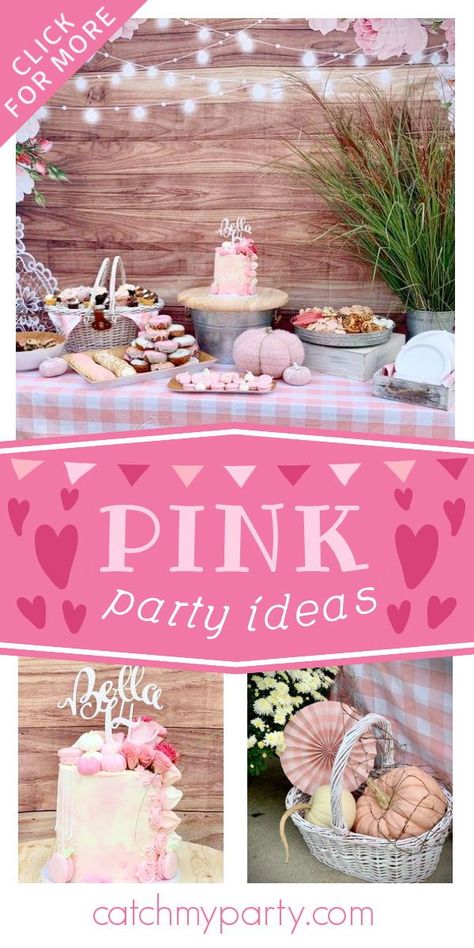 Don’t miss a look at this pretty pink pumpkin birthday party! The cake is wonderful! See more party ideas and share yours at CatchMyparty.com Pink Pumpkin Birthday Party, Pink Pumpkin Party, Pumpkin Birthday Party, Green Tea Lemonade, Pumpkin Birthday Parties, 7th Birthday Party Ideas, Fall Pink, Party 2023, Rustic Party