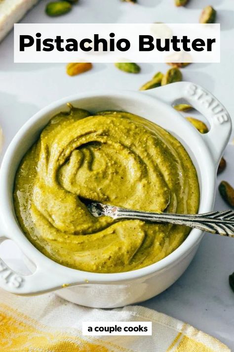 Pistachio butter is a tasty nut butter you can make at home with raw nuts! It's rich, creamy and lightly sweet. #pistachiobutter #pistachios #pistachiobutterrecipe #pistachio #nutbutter Pistachio Spread Recipe, Pistachio Butter Recipe, Mixed Nut Butter, Pistachio Spread, Healthiest Nut Butter, Marzipan Recipe, Vegan Recipes Gluten Free, Nut Butter Recipes, Homemade Nut Butter