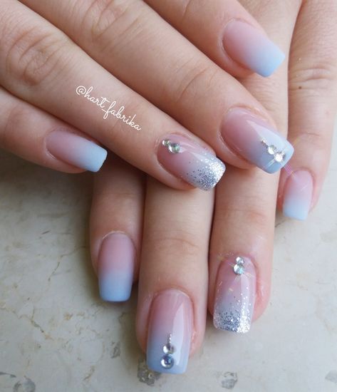 Pretty Ombre Nails Blue, Steel Blue Nails Wedding, Blue Umbra Nails, Bridal Nails Blue Accent, Blue Grey Ombre Nails, Ombre Nail Designs Blue, Dusty Blue Ombre Nails, Dusty Blue Wedding Nails Bridesmaid, Wedding Nails For Bride Dusty Blue