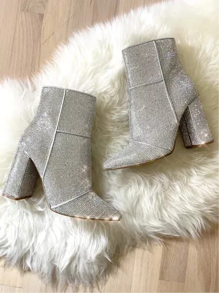 Holiday boots of my dream. 🤩 They fit TTS! Sparkle, glitter, rhinestone, NYE, New Year’s Eve, holiday shoes, holiday boots, holiday outfit, Nordstrom, Nordstrom shoes, Steve Madden, booties #LTKshoecrush #LTKHoliday Silver Sparkly Boots Outfit, Sparkle Ankle Boots Outfit, Silver Glitter Boots Outfit, Silver Sequin Boots Outfit, Sparkly Ankle Boots Outfit, How To Style Sparkly Boots, Rhinestone Ankle Boots Outfit, Silver Booties Outfit, Glitter Booties Outfit