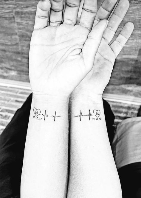 Partner Tattoos Couples Ideas, Couple Date Tattoos, Small Husband And Wife Tattoos, Tiny Best Friend Tattoos, Matching Couples Tattoos, Best Friend Tattoo Ideas, Friend Tattoo Ideas, Cute Best Friend Tattoos, Partner Tattoos