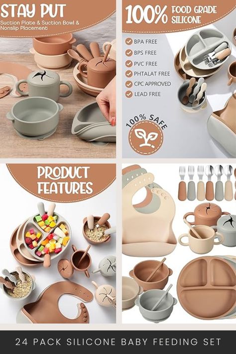 Silicone Baby Feeding Set: comes with 24 sets of silicone baby feeding set in 3 different colors of walnut color, beige, smoky gray, and each set contains a suction divided plate, a pair of spoons and forks, an adjustable silicone bib, a complementary food bowl, a snack cup, a silicone spoon, and a straw, which covers the basic utensils for baby food, helping your baby transition to self eating. Features: Microwave Boiling water disinfection Dishwasher #affiliatelink Silicone Feeding Set, African Babies, Divided Plates, Baby Feeding Set, Snack Cups, Food Accessories, Baby Eating, Led Weaning, Baby Led Weaning