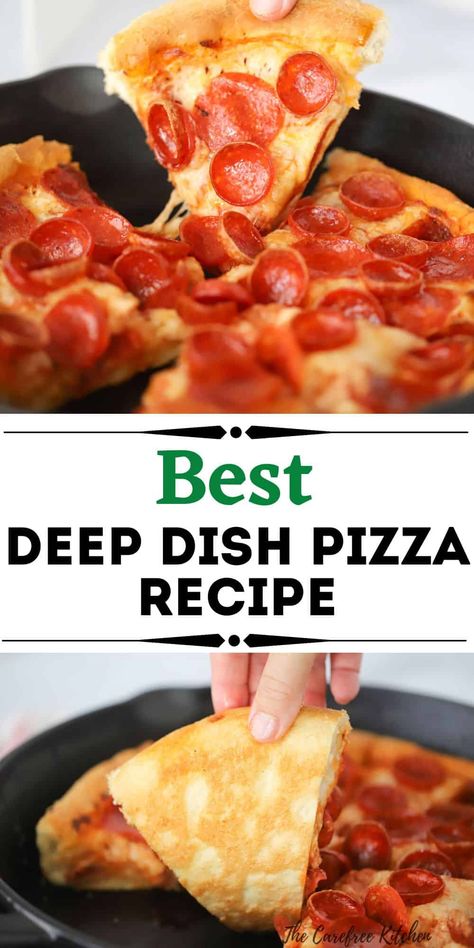 This homemade Deep Dish Pizza is cooked in a cast iron skillet to give you a thick crust that is chewy on the inside and slightly crispy on the outside. Topped with pizza sauce, shredded mozzarella cheese and your favorite toppings, this is a quick and easy version of the Chicago classic. #thecarefreekitchen #pizza #deepdish #chicago #dinner #pizzadough #pepperoni Deep Dish Pizza Dough Recipe, Deep Dish Pizza Crust Recipe, Homemade Deep Dish Pizza, Chicago Deep Dish Pizza Recipe, Deep Dish Pizza Crust, Cast Iron Pizza Recipe, Deep Dish Pizza Dough, Homemade Pizza Recipe Easy, Chicago Style Deep Dish Pizza