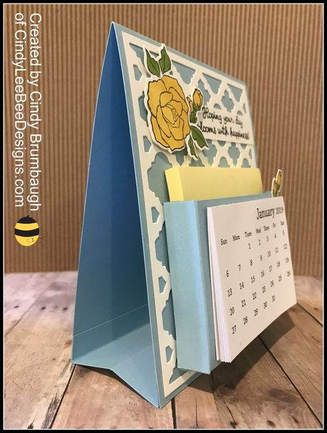 Calendar | Cindy Lee Bee Designs Stampin Up Easel Calendars, Handmade Desk Calendar, Calendar Video, Small Desk Calendar, Tea Together, Diy Desk Calendar, Calendar Holder, Small Calendar, Easel Calendar