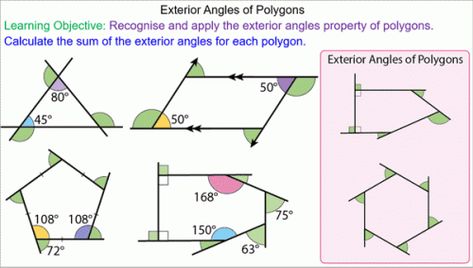 Exterior Angles of Polygons  Progressing on from finding angles in parallel lines students in Year 8 learn how to calculate the exterior angles of polygons.  As learning progressing more able students are challenged to find the number of sides a regular polygon has when given its exterior angle. Geometry Angles, Gcse Maths, Exterior Angles, Angles Worksheet, Classroom Preparation, Regular Polygon, Candy Bar Wrapper Template, Geometry Worksheets, Measuring Angles