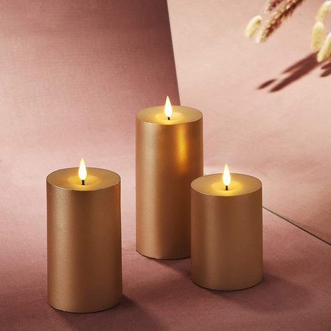 Gold Flameless Pillar Candles - 3 Inch Diameter, 3 Pack Textured Candles, Gold Pillar Candles, Indoor Lanterns, Window Candles, Electric Candles, Flickering Lights, Outdoor Candles, Flush Mount Lights, Elegant Aesthetic