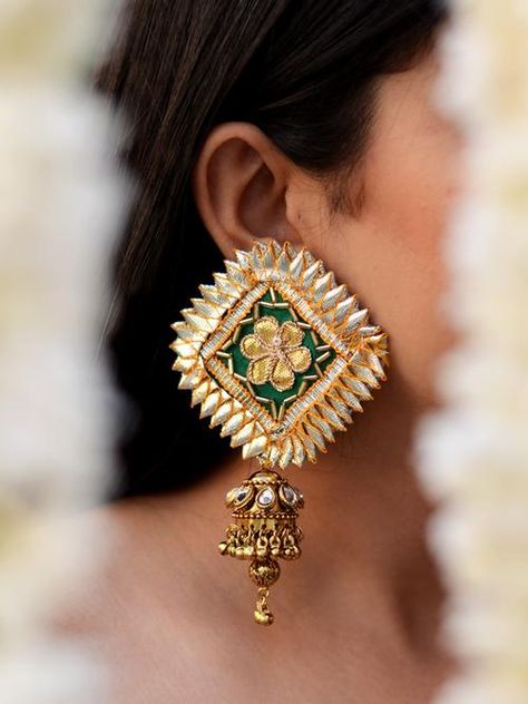 Raveena Gota-patti Jhumkas Diy Wedding Earrings, Flower Jewelry Designs, Wedding Flower Jewelry, Silk Thread Earrings, Diy Fabric Jewellery, Gotta Patti, Indian Jewellery Design Earrings, Fabric Earrings, Earring Stud