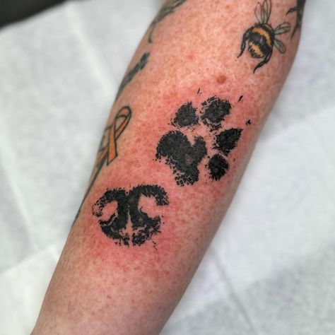 Love tattooing paw and nose prints. 🥰 Now Calleigh will be with you always 🌈🐾 Thank you @thorpeedo84 🥰 . . . #print #noseprint #pawtattoo #nosetattoo #noseprinttattoo #pawprinttattoo #memorialtattoo #meaningfultattoos Paw Print And Nose Print Tattoo, Paw Tattoo On Hand, Fine Line Paw Print Tattoo, Dog Paw Tattoo Memorial, Paw Print Tattoo Placement, Dog Nose Tattoo, Dog Nose Print Tattoo, Nose Print Tattoo, Paw Print Tattoo Dog