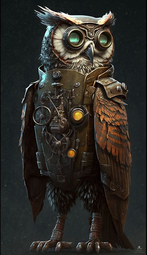 This is part of the AI Owl collection. If you want to prompts let me know (I have to do it out of my head). Images are prompted by Daniel van Veldhoven as part of professional research. Owlin Dnd Artificer, Steampunk Animals Art, Owl Surrealism, Steampunk Creatures, Mechanical Owl, Dnd Pets, Steampunk Owl, Steampunk Bird, Steampunk Character