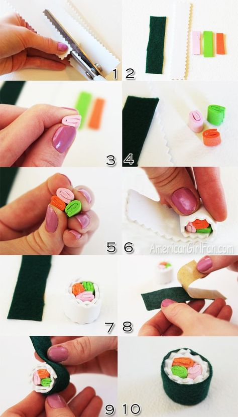 How To Make Paper Food, Sushi Paper Craft, Art With Paper, Mini Sushi, Felt Food Diy, American Girl Doll Food, Make Sushi, Felt Cake, Diy Sushi