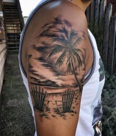 Black and White Beach Tattoo Palm Tree Scene Tattoo, Beach Chair Tattoo Ideas, Beach Life Tattoo, Beach Chair Tattoo, Beach Scene Tattoo, Tropisches Tattoo, Beach Tattoo Ideas, Beach Tattoos, Tropical Tattoo