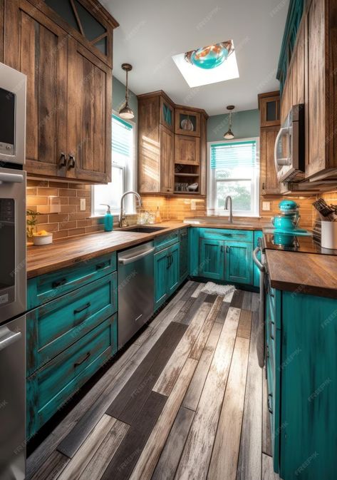 Teal And Grey Kitchen Cabinets, Rustic Teal Kitchen, Western Kitchen Decor Ideas, Manufactured Home Kitchen Remodel, Western Style Kitchen, Cabin Style Kitchen, Turquoise Kitchen Cabinets, Teal Kitchen Cabinets, Barnwood Bed