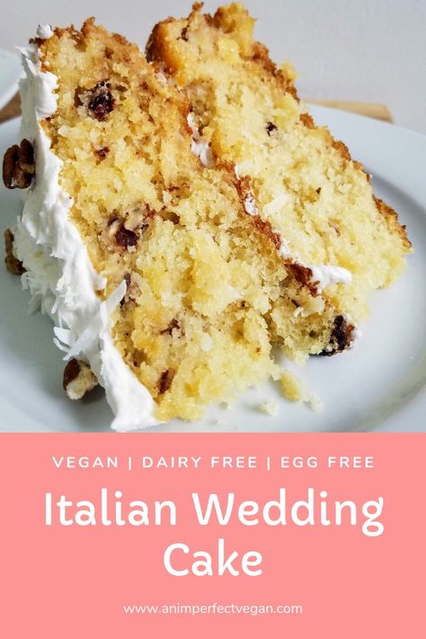 100% Vegan Recipe for Italian Wedding Cake with Pineapple, Coconut, Pecans, and delicious fluffy icing! #veganrecipe #baking #dessert #cake #specialoccasion  #vegan #eggfree #dairyfree Fluffy Icing, Italian Wedding Cake, Cake With Pineapple, Cream Wedding Cakes, Italian Wedding Cakes, Vegan Wedding Cake, Italian Cream Cakes, Vegan Cake Recipes, Wedding Cake Recipe