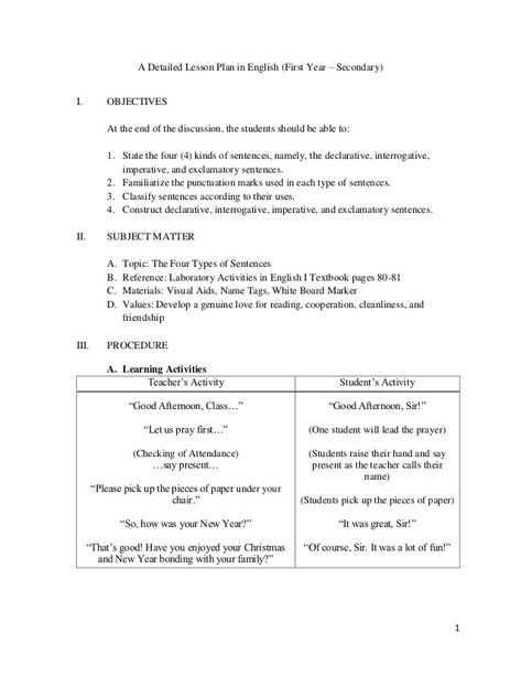 A Detailed Lesson Plan in English (First Year – Secondary)I.        OBJECTIVES          At the end of the discussion, the ... Grade 1 Lesson Plan, Science Lesson Plans Elementary, Lesson Plan Pdf, Weekly Lesson Plan Template, Lesson Plan Format, Lesson Plan Examples, Lesson Plan Sample, Ela Lesson Plans, English Lesson Plans