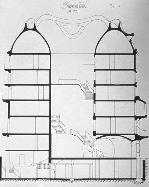 casa mila section Belgian House, Chinese Architecture Design, Curtain Wall Detail, Casa Mila, Le Corbusier Architecture, Antonio Gaudí, La Pedrera, Neoclassical Interior, Famous Architecture