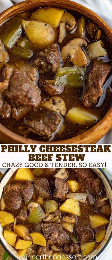 Philly Cheesesteak Beef Stew made with richly browned chuck roast in butter with onions, bell peppers and mushrooms in a rich beef gravy that simmers low and slow in the oven and has all the flavors of a Philly Cheesesteak excluding the Cheez Whiz! #stew #beef #soup #philly #phillycheesesteak #cheesesteak #dinner #comfortfood #dinnerthendessert Beef Stew Dinner, Stew Crockpot, Peppers And Mushrooms, Cheez Whiz, Stew Beef, Recipe Crockpot, Stew Meat Recipes, Beef Gravy, Crockpot Recipe