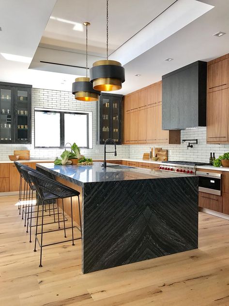 David Dalton INC | Cooking | Los Angeles Black Countertop Island, Modern Black Kitchen Island, Black Marble Countertops, Waterfall Island Kitchen, Black Countertop, Office Vibes, Black Countertops, Kitchen Black, Countertops Kitchen