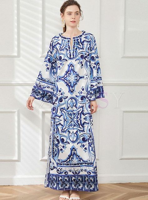 Porcelain Print Dress, Long Sleeve Maxi Dresses, Max Dresses, Vestidos Retro, Loose Maxi Dress, Retro Blue, Blue And White Porcelain, Vintage Long Sleeve, Tent Dress