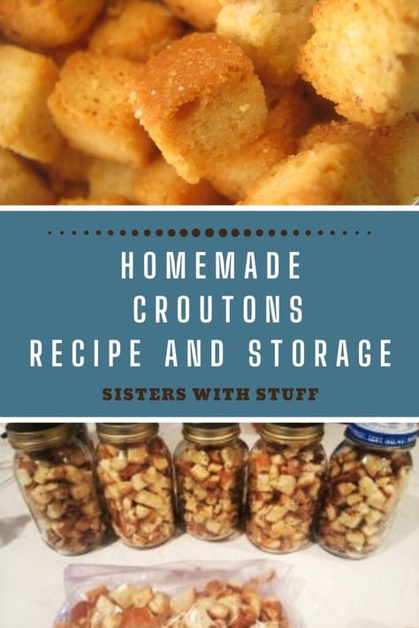 Vacuum seal homemade croutons in jars. Find out how we make croutons and store them. Homemade Croutons Recipe and Storage How To Make Croutons, Dehydrating Food Storage, Croutons Recipe, Crouton Recipes, How To Store Bread, Croutons Homemade, Homemade Hamburgers, Clean Cooking, Dehydrated Food