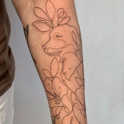 Half Flower Half Animal Tattoo, Dog Rib Tattoo, Dog Memorial Tattoos Outline, Half Dog Half Flower Tattoo, Labradoodle Outline Tattoo, Dog Ear Outline Tattoo With Flowers, Creative Dog Tattoo Ideas, Animal Related Tattoos, Dog Line Work Tattoo