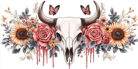 Skull With Butterflies, Two Butterflies, A Bull, Bull Skull, Floral Skull, Bull Skulls, Red Paint, Cowgirl Style, Rose Tattoo