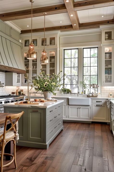 Historic Looking Kitchens, Relaxing Kitchen Ideas, Kitchens With Dark Hardwood Floors, Small Traditional Kitchen Remodel, Wood Cabinets With Grey Countertops, High Ceilings Kitchen Cabinets, Farm Kitchens Country, Building A House Kitchen Ideas, Baking Centers In Kitchen