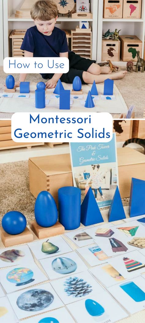 Detailed tutorial on how to use Sensorial Material: Montessori Geometric Solids, including printables, in early childhood education settings Kindergarten Geometry, Montessori Math Activities, Montessori Activities Preschool, Montessori Science, Montessori Teacher, Fun Educational Games, Montessori Art, Early Childhood Learning, Fun Winter Activities