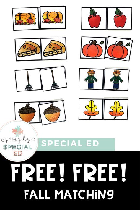 FREE Fall Matching Activity! - Simply Special Ed - Use this freebie during the fall months in your special education or early childhood room. It can work for elementary, middle, or high school students in a sped classroom. Click through to learn more and sign up now! #FallActivities #SpecialEducation #FallMatching #Preschool Fall Opposites Preschool, Special Ed Preschool Activities, Substitute Activities, Task Boxes Preschool, Sped Activities, Childhood Room, Fall Classroom Activities, Special Education Lesson Plans, Independent Work Tasks