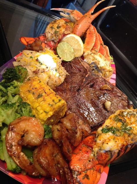 Surf & Turf, Steak And Lobster Dinner, Corn Broccoli, Steak And Lobster, Lobster Dinner, Loaded Mashed Potatoes, Yummy Seafood, Soul Food Dinner, Seafood Platter