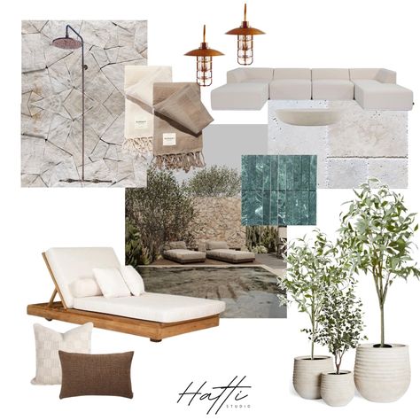 Mediterranean Moodboard Interior Design, Mediterranean Pool Tile, Mood Board Mediterranean, Pool Moodboard, Mediterranean Pool Aesthetic, Coastal Mood Board, Pool Area Decorating Ideas, Forest Green Marble, Coffee Table Outdoor